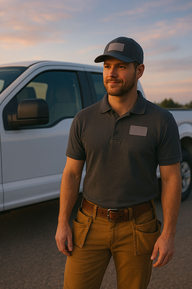 Professional service technician in uniform standing confidently in front of a company service vehicle.